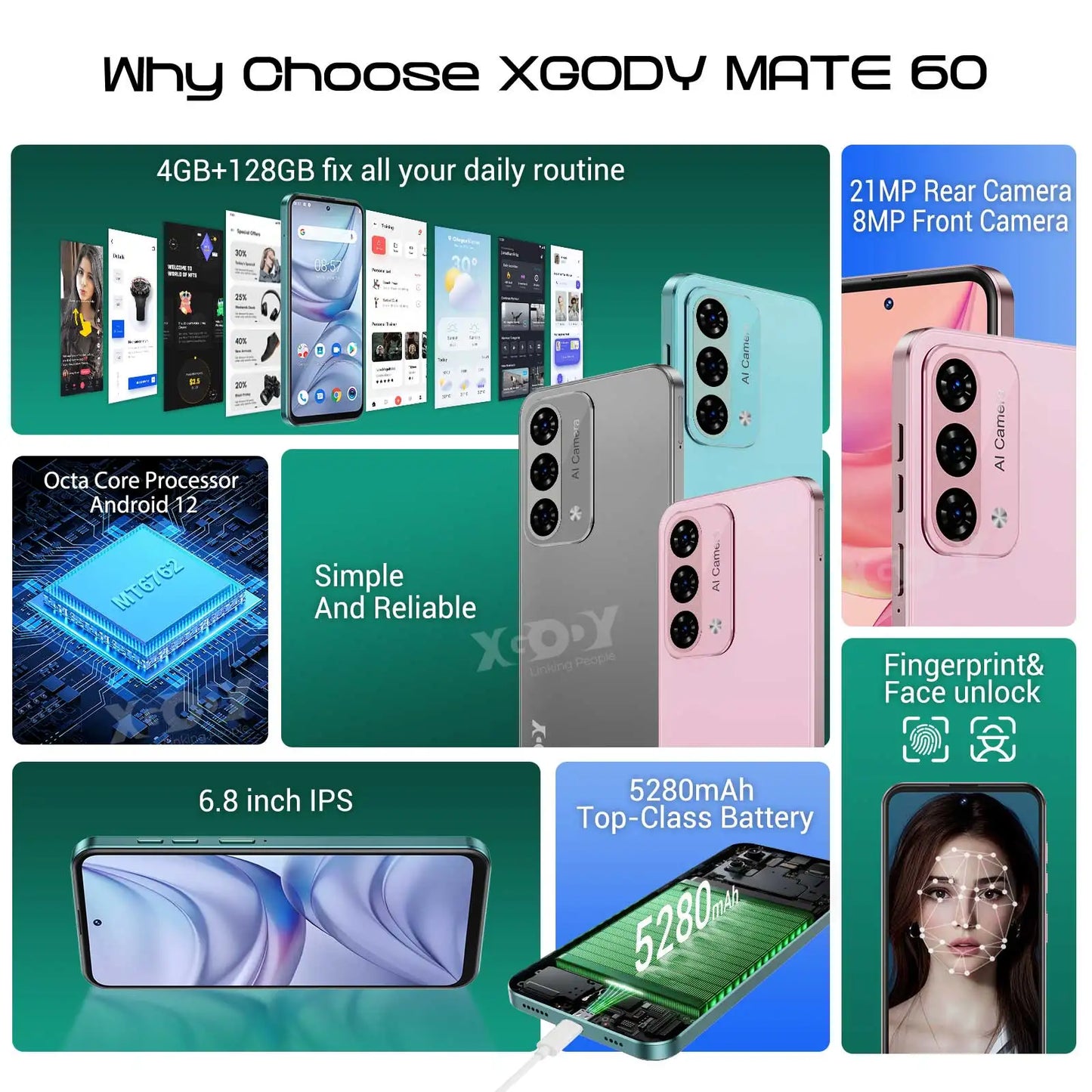 XGODY Mate60 Android 12 Smartphone 6.8" 4+128GB 5280mah