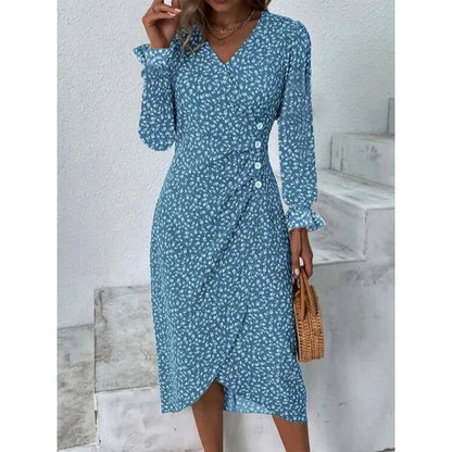 Elegante vestido midi floral plisado en forma de H femenino Escote en V
