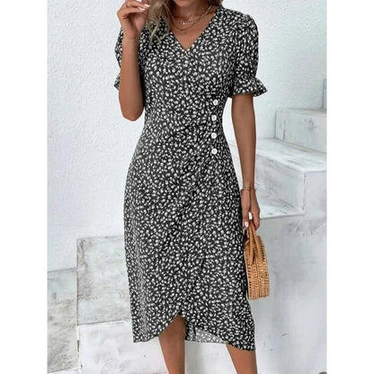 Elegante vestido midi floral plisado en forma de H femenino Escote en V