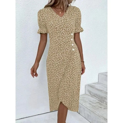 Elegante vestido midi floral plisado en forma de H femenino Escote en V