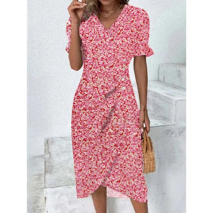 Elegante vestido midi floral plisado en forma de H femenino Escote en V