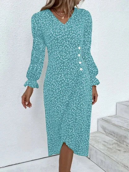 Elegante vestido midi floral plisado en forma de H femenino Escote en V
