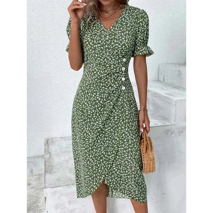 Elegante vestido midi floral plisado en forma de H femenino Escote en V