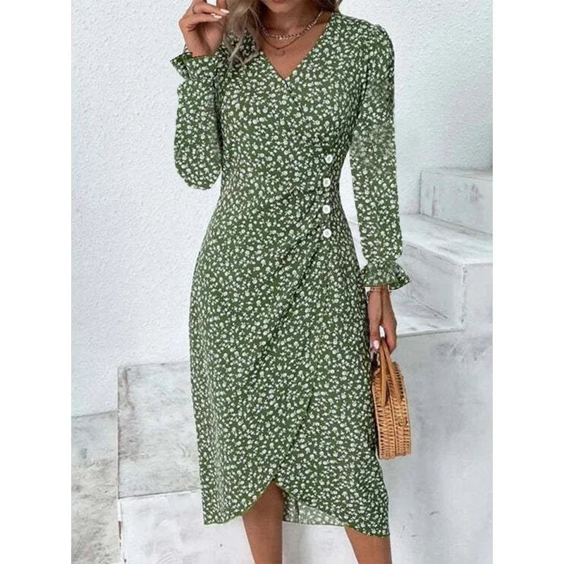 Elegante vestido midi floral plisado en forma de H femenino Escote en V