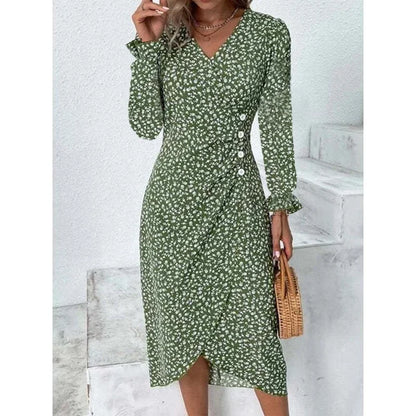 Elegante vestido midi floral plisado en forma de H femenino Escote en V