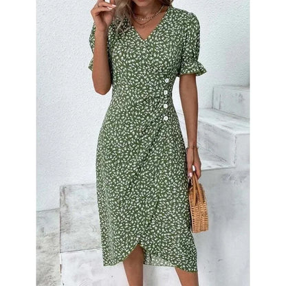Elegante vestido midi floral plisado en forma de H femenino Escote en V