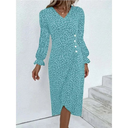 Elegante vestido midi floral plisado en forma de H femenino Escote en V