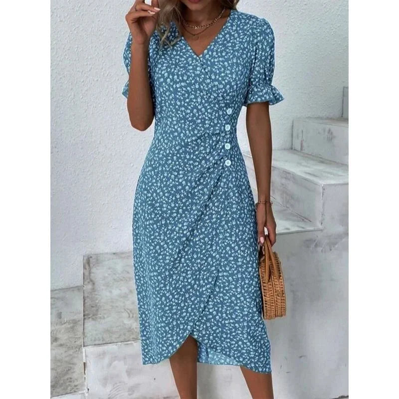 Elegante vestido midi floral plisado en forma de H femenino Escote en V