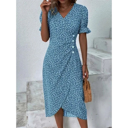 Elegante vestido midi floral plisado en forma de H femenino Escote en V