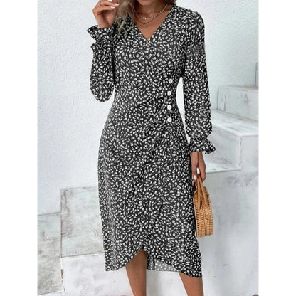 Elegante vestido midi floral plisado en forma de H femenino Escote en V