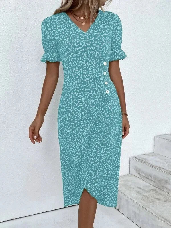 Elegante vestido midi floral plisado en forma de H femenino Escote en V