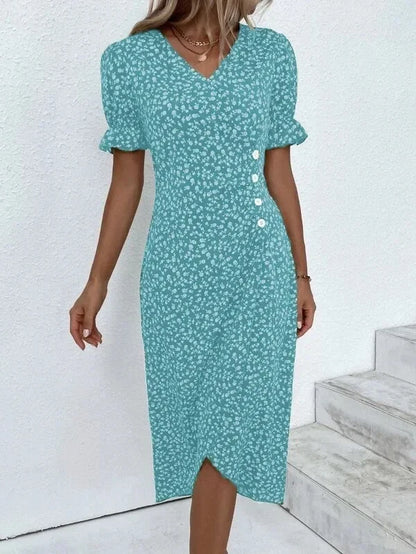 Elegante vestido midi floral plisado en forma de H femenino Escote en V